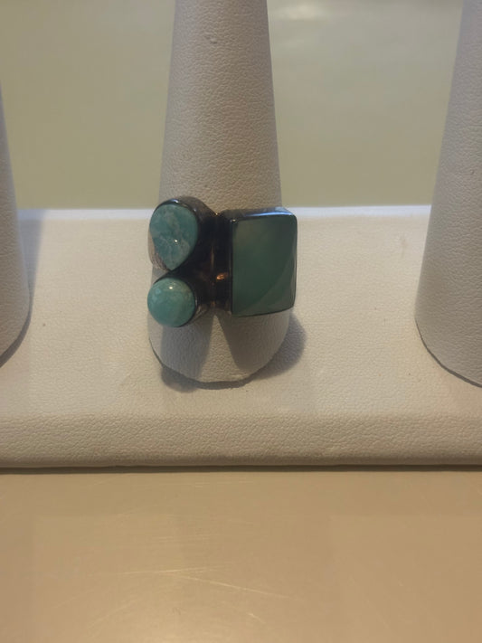 Navajo Turquoise Mid century Sterling silver cluster ring