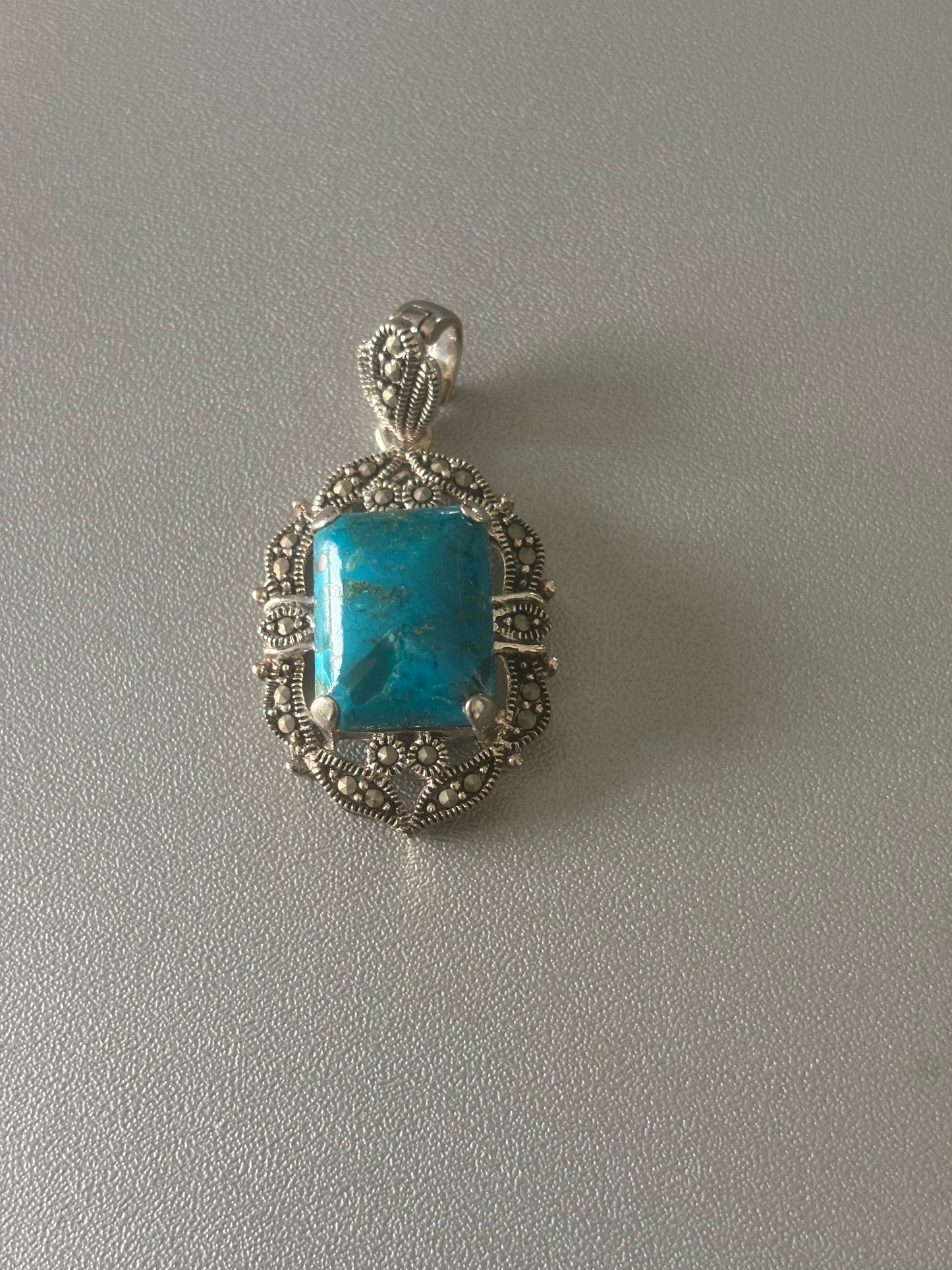 Sterling Silver Art Deco Block Turquoise And Marcasites Pendant