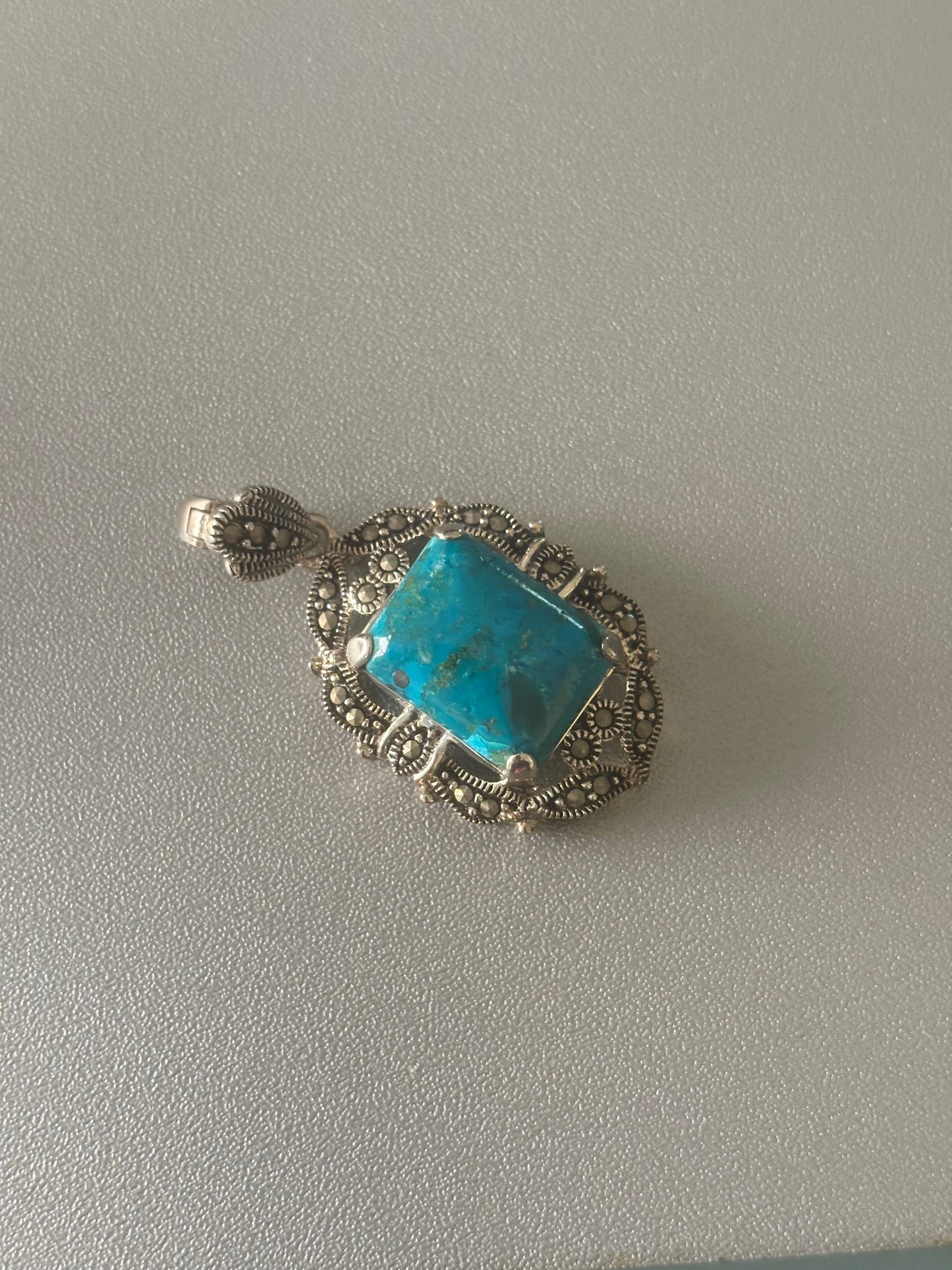 Sterling Silver Art Deco Block Turquoise And Marcasites Pendant