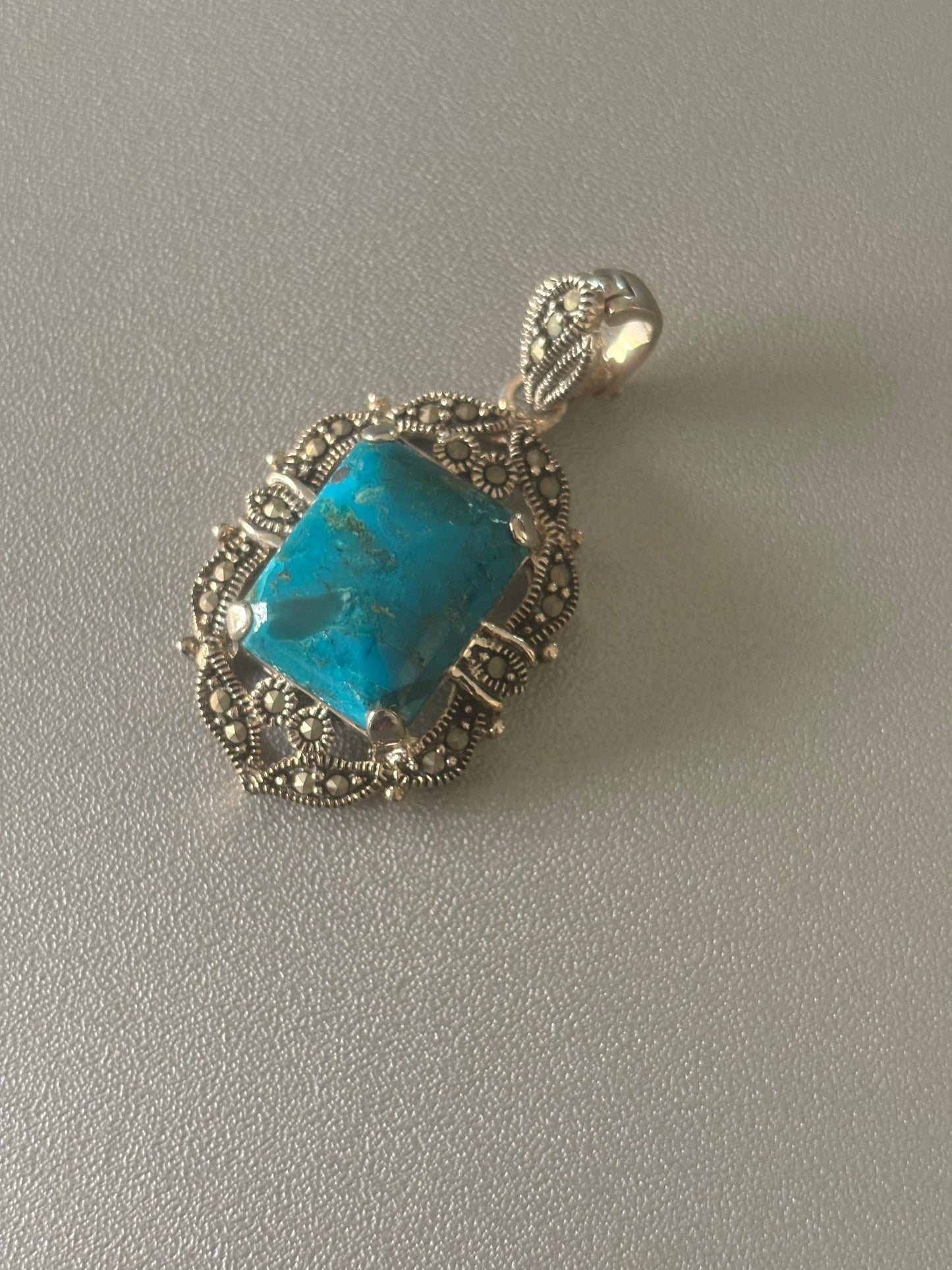Sterling Silver Art Deco Block Turquoise And Marcasites Pendant