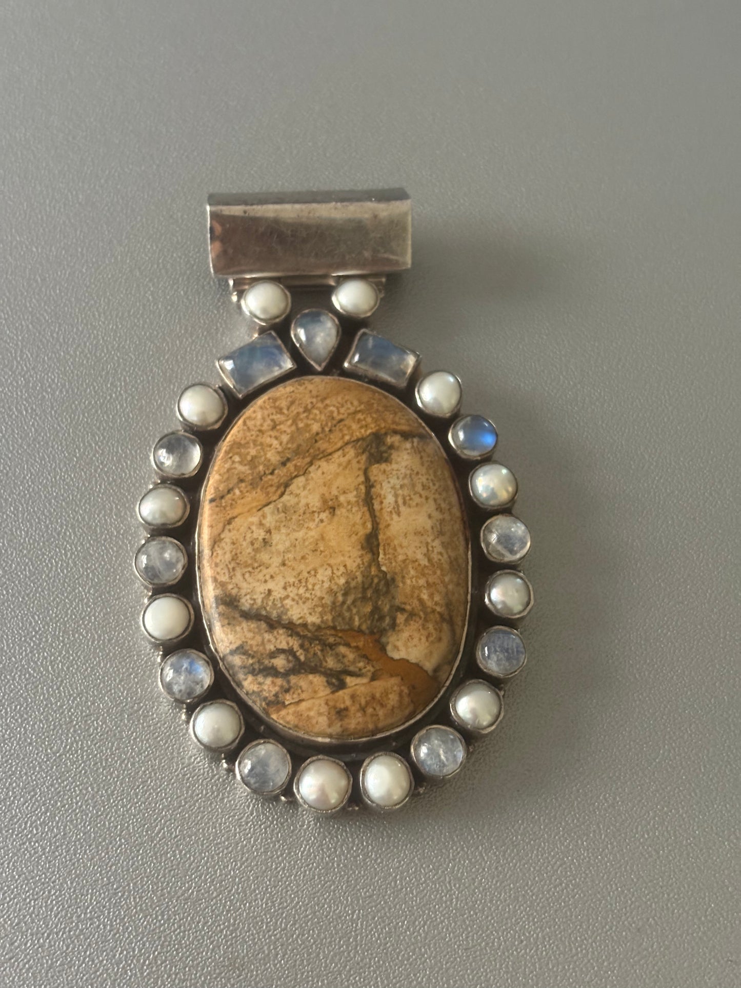 Bold Beautiful Moonstone Pearl Brown Picture Agate Sterling Silver Vintage Pendant