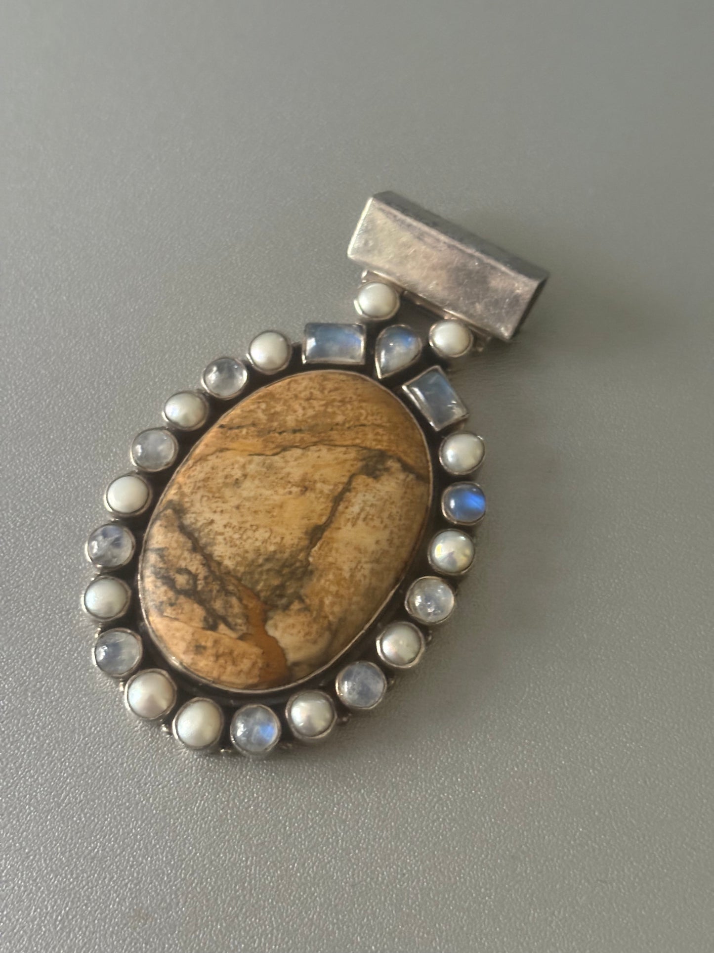 Bold Beautiful Moonstone Pearl Brown Picture Agate Sterling Silver Vintage Pendant