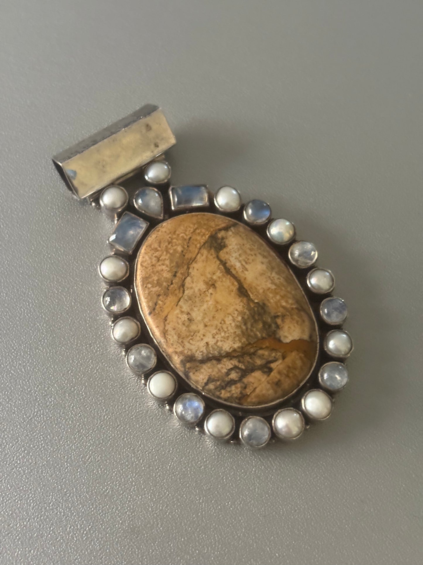 Bold Beautiful Moonstone Pearl Brown Picture Agate Sterling Silver Vintage Pendant