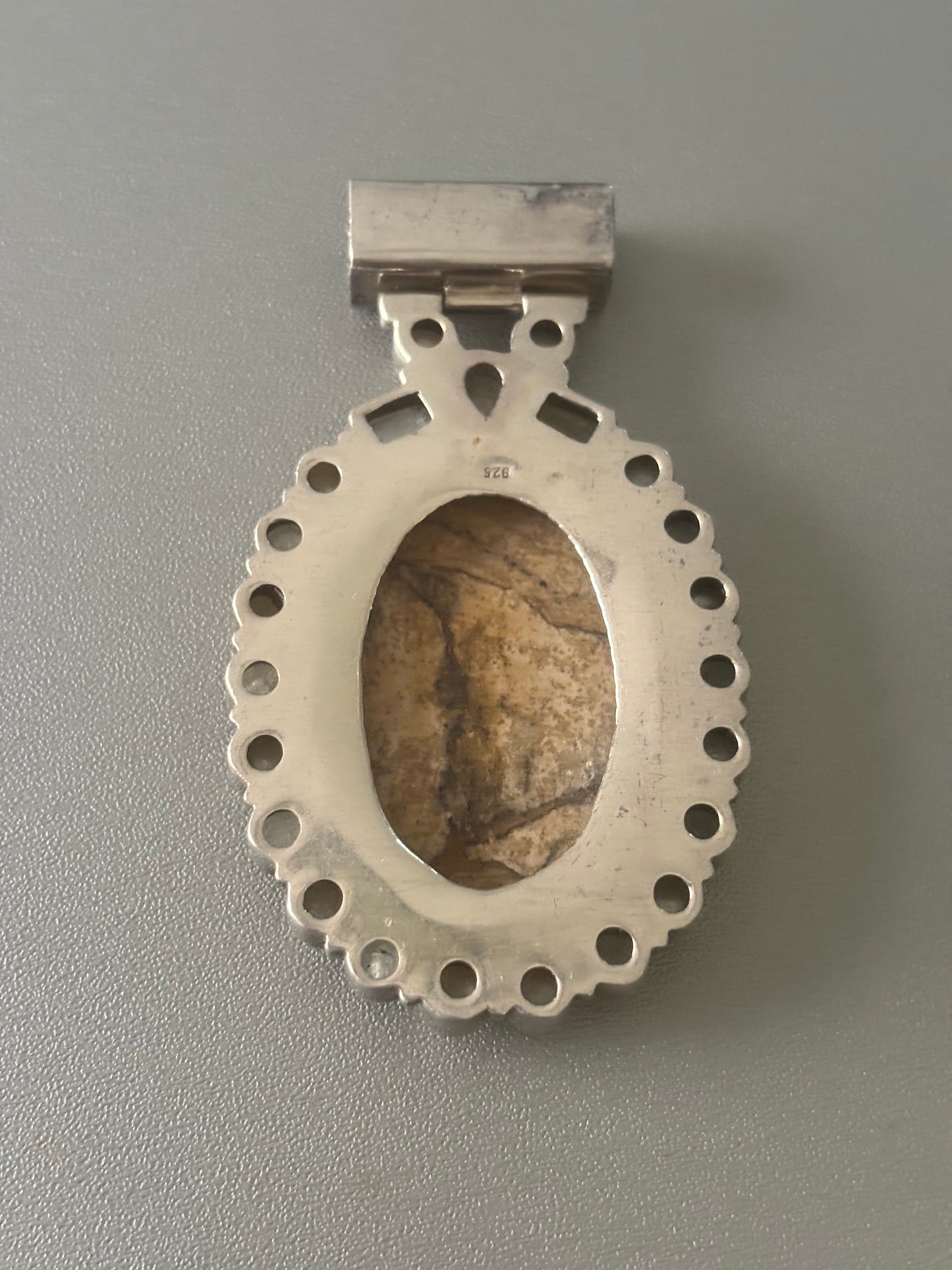 Bold Beautiful Moonstone Pearl Brown Picture Agate Sterling Silver Vintage Pendant