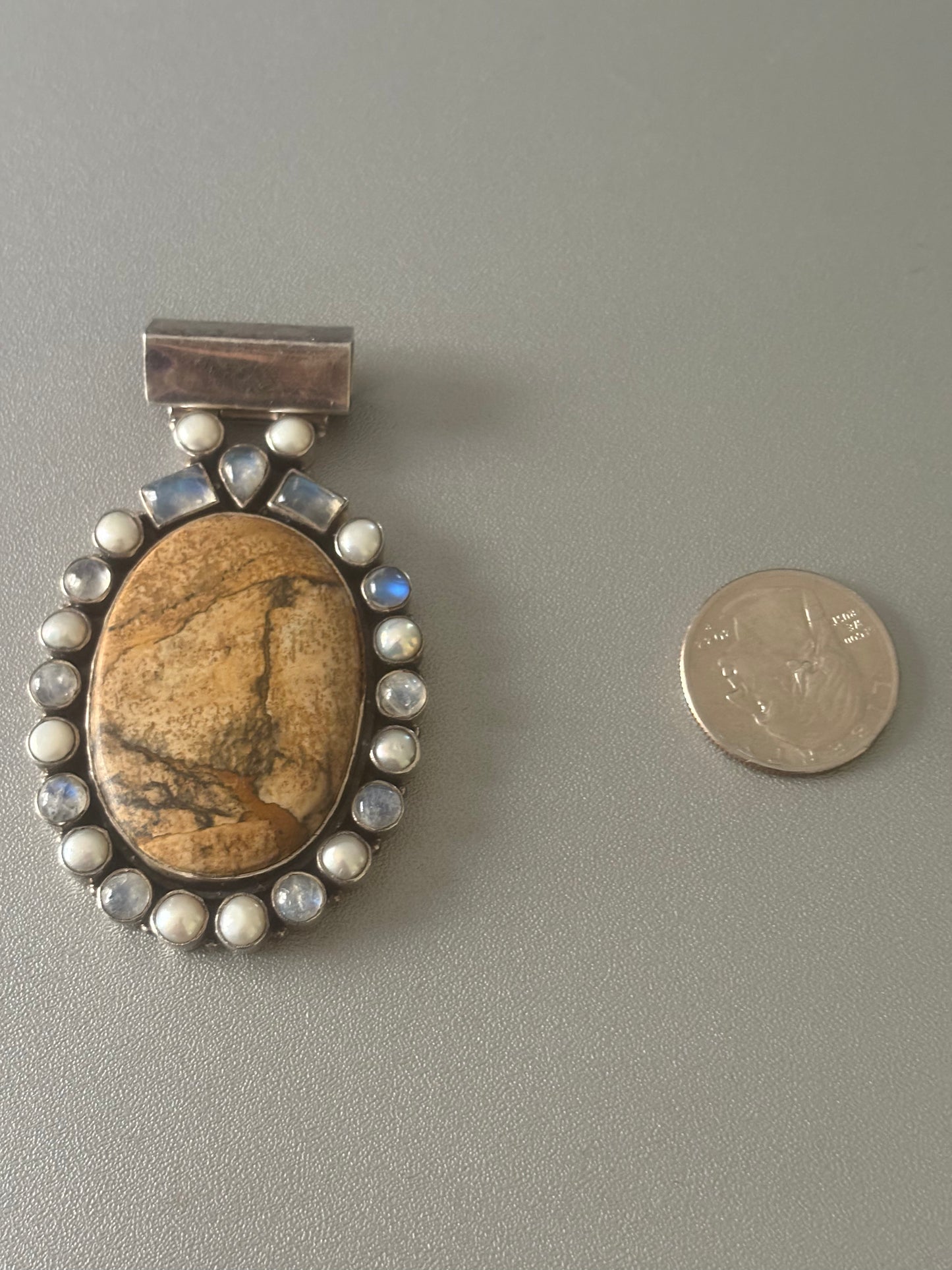 Bold Beautiful Moonstone Pearl Brown Picture Agate Sterling Silver Vintage Pendant