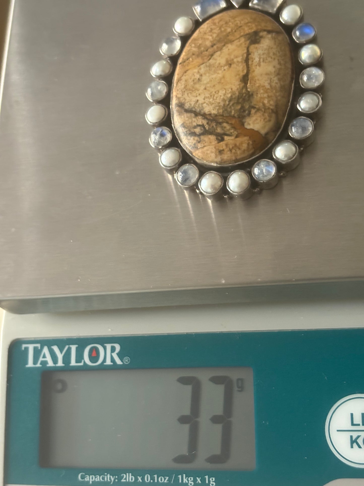 Bold Beautiful Moonstone Pearl Brown Picture Agate Sterling Silver Vintage Pendant