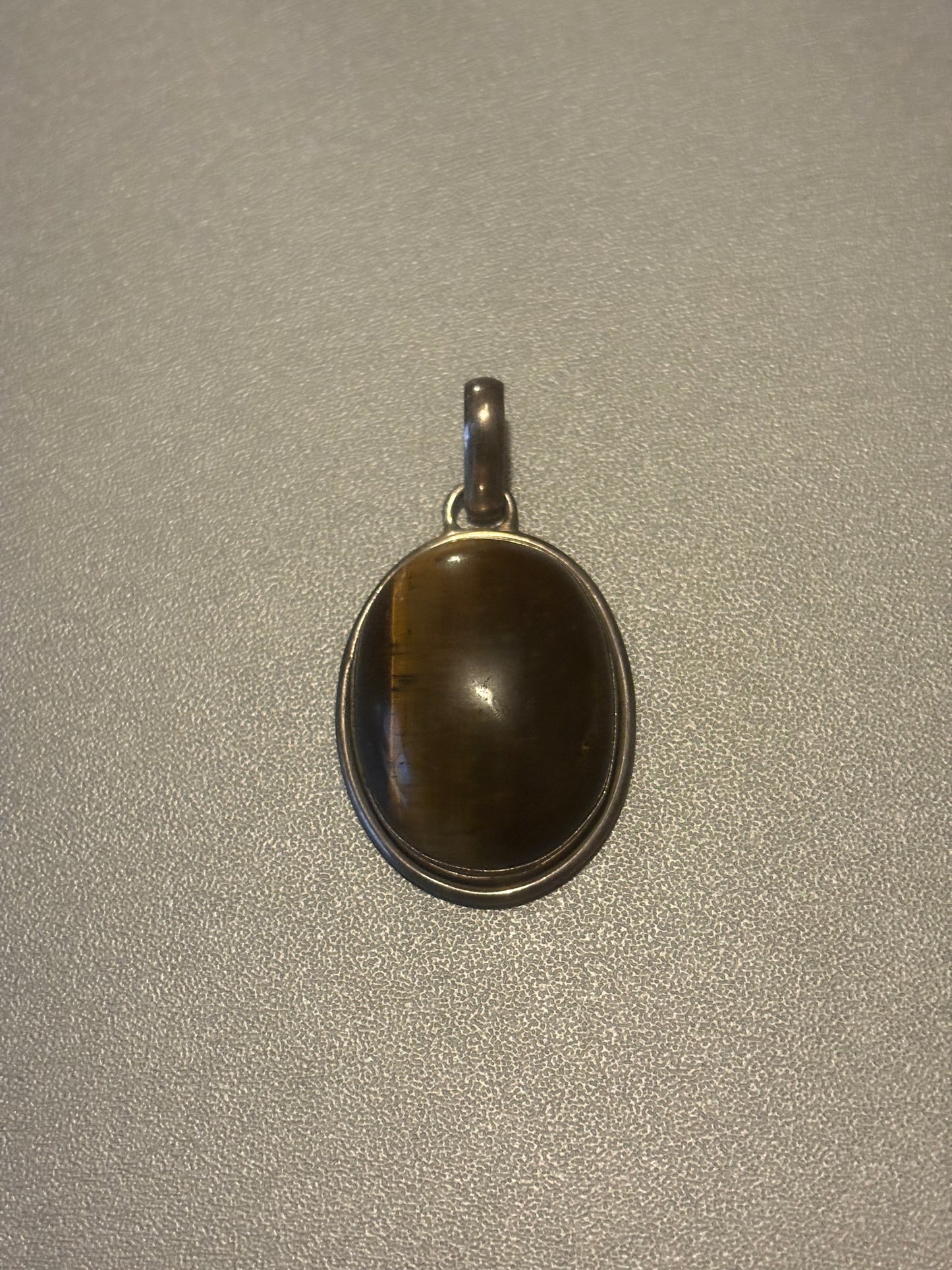 Vintage Sterling Silver Pendant Large Tiger's Eye Cabochon Gemstone
