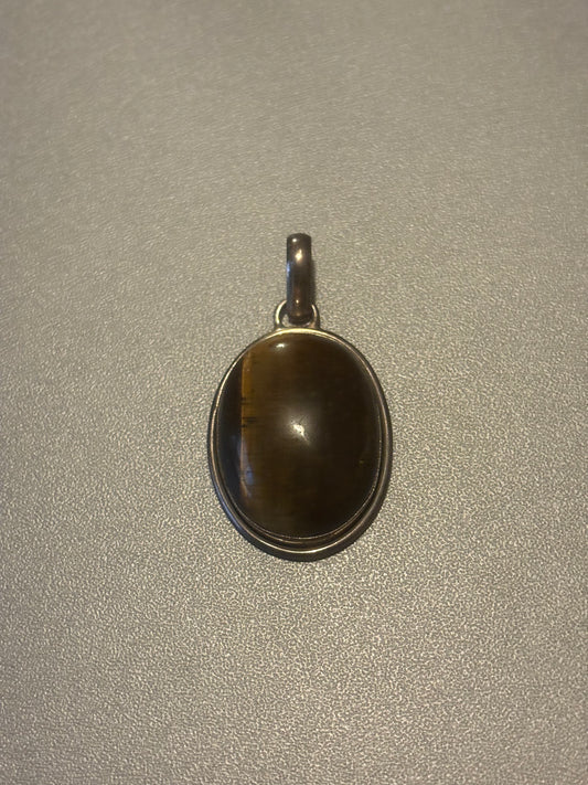 Vintage Sterling Silver Pendant Large Tiger's Eye Cabochon Gemstone