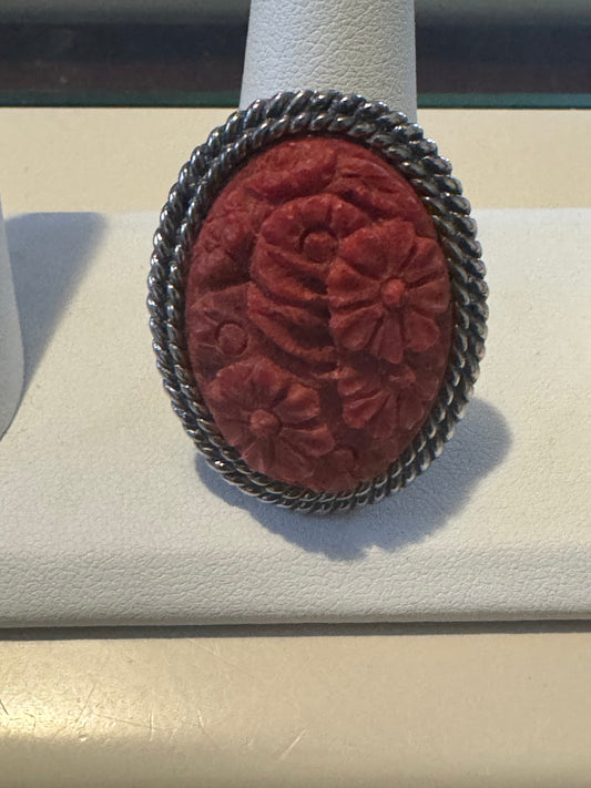 Vintage Amy Kahn Russell Sterling Silver Carved Red Coral Flowers