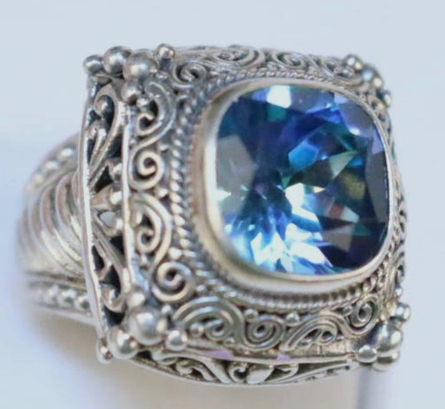 Mystic Blue Quartz Ring Sterling Silver Ornate Raised Stone