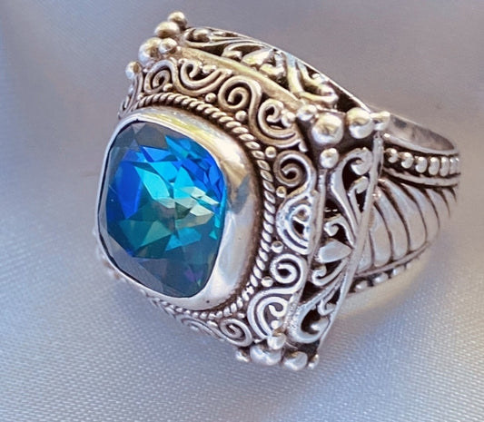 Mystic Blue Quartz Ring Sterling Silver Ornate Raised Stone