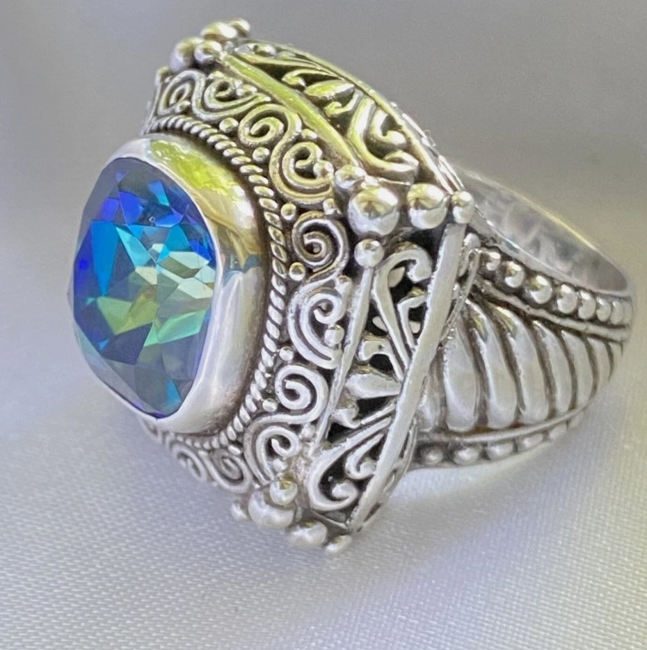 Mystic Blue Quartz Ring Sterling Silver Ornate Raised Stone
