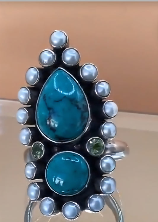 Nikki Butler Turquoise Ring. Vintage Pearl Peridot Ring