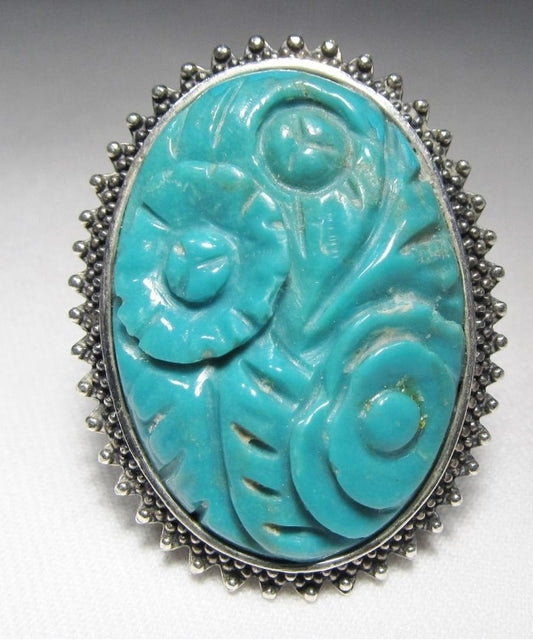 Vintage AKR Carved Turquoise Sterling Silver Ring.