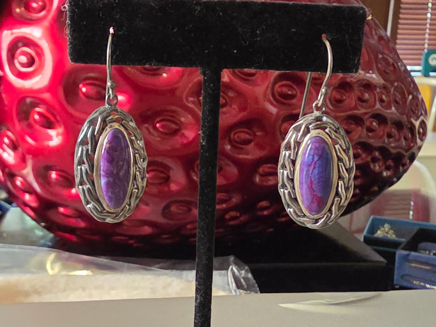 925 Sterling Silver NK Thailand Vintage Purple Turquoise Earrings.