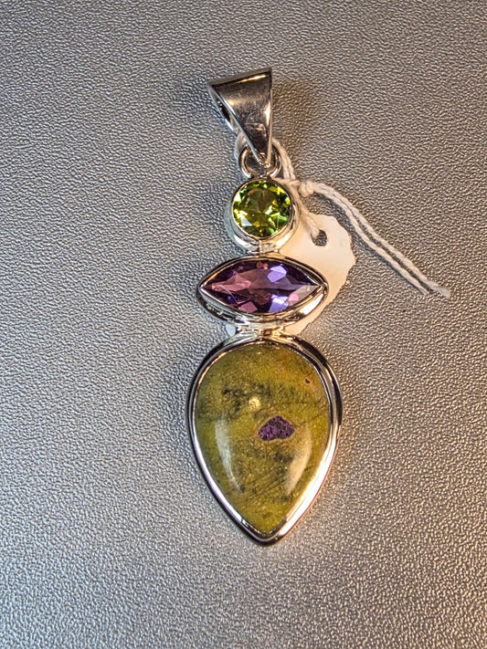 925 Sterling Silver Atlantisite Amethyst Peridot Gemstones Statement Pendant