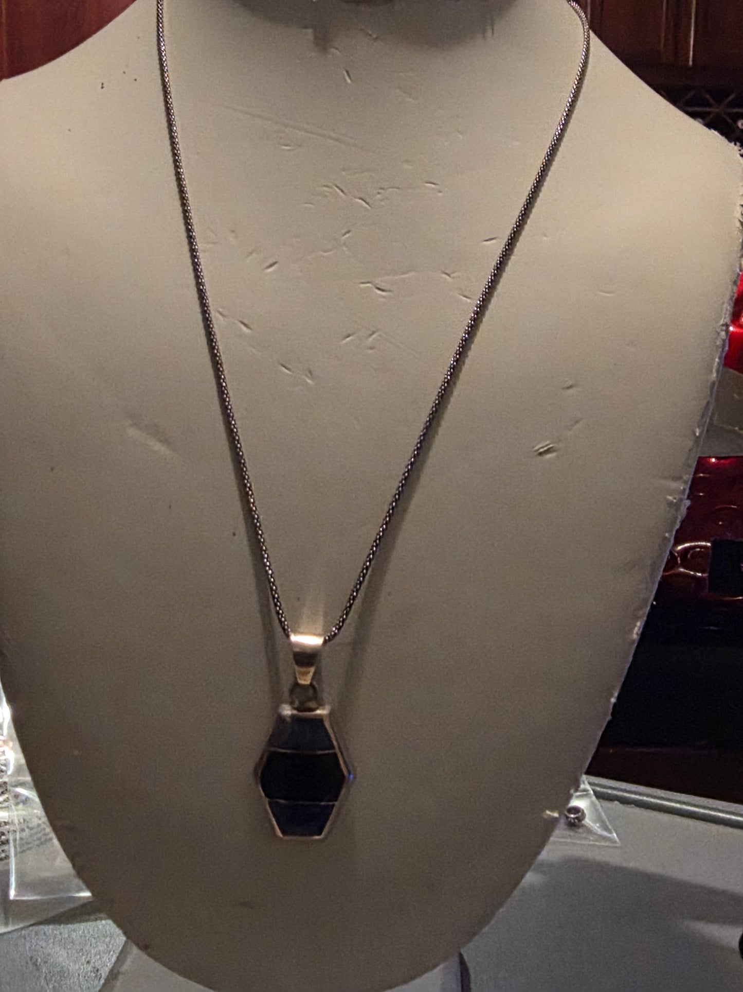 Vintage Sterling Silver with Oval Blue Gray and Black Marbled Hexagon Pendant Fashion Necklace