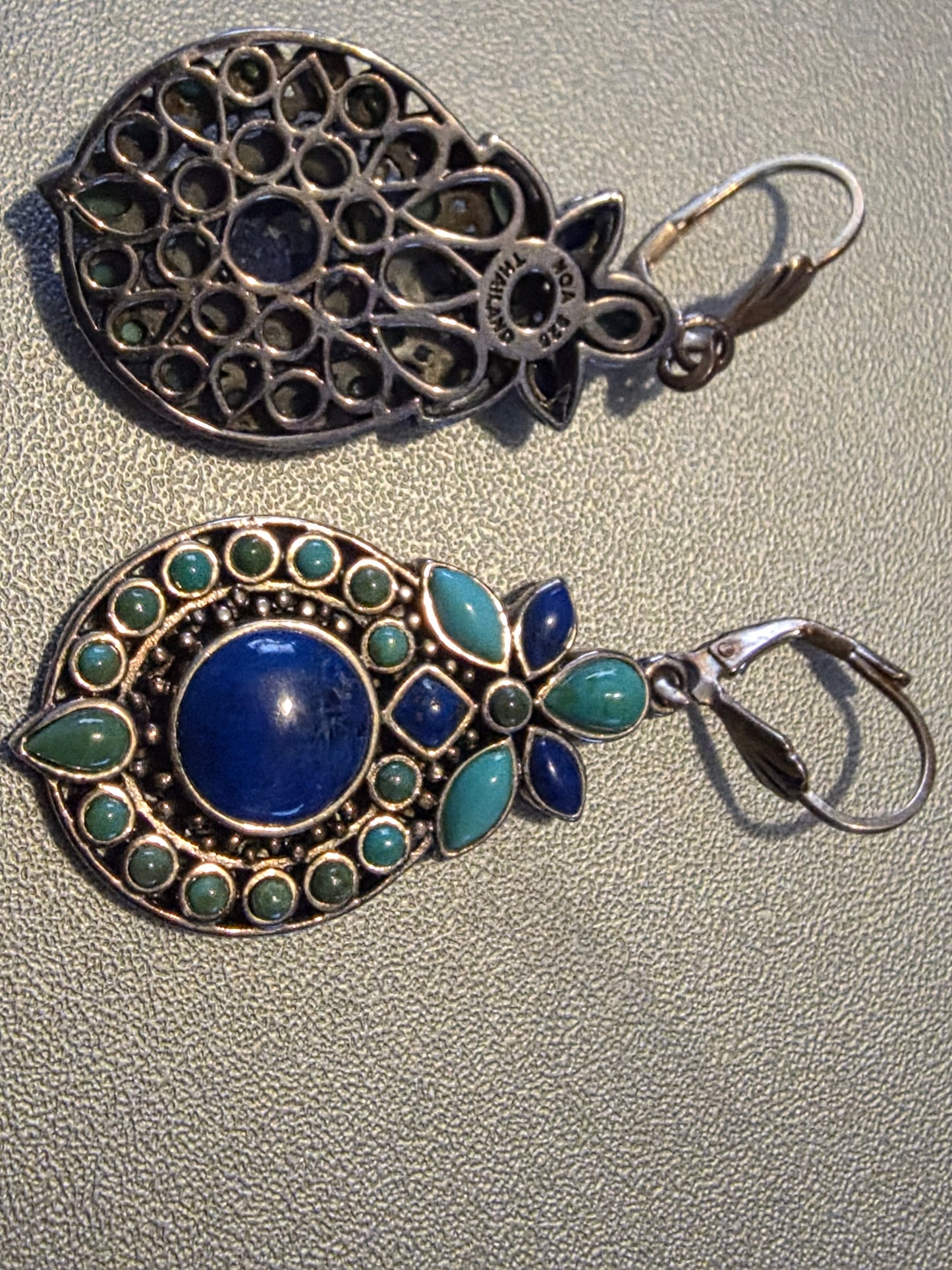 Vintage 925 Thailand Sterling Silver, Turquoise and Lapis Lazuli Medallion Hanging Earrings