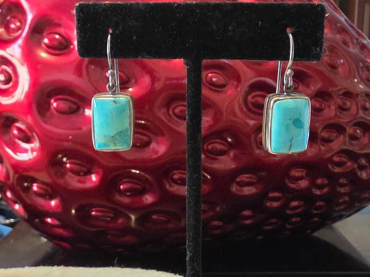 Small vintage Turquoise Rectangle Cabochon 925 Sterling Silver Dangle Earrings