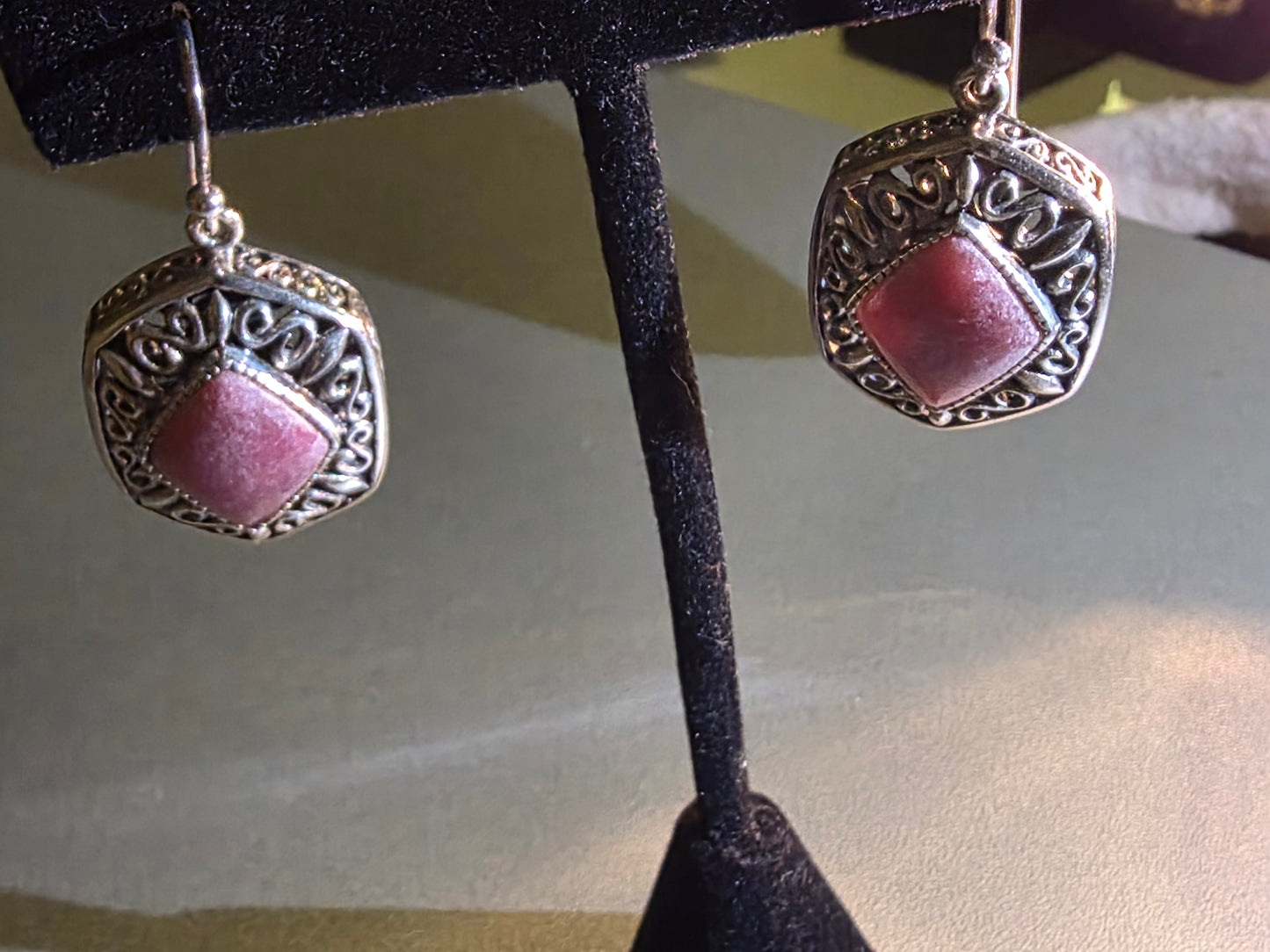 Vintage 925 Rhodochrosite Dangle Earrings Dainty Pink Rhodrochrosite Earrings with Sterling Silver.