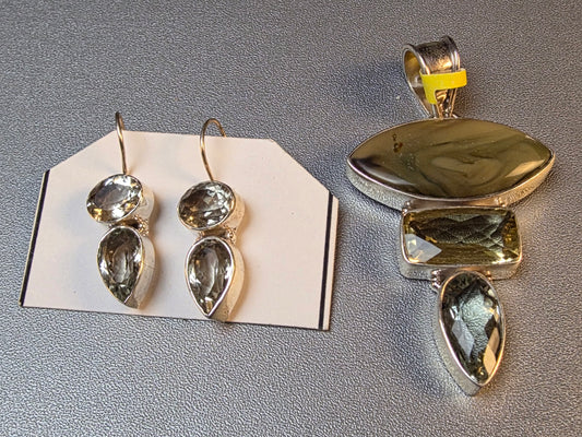 Lemon Smokey Quartz and Crystal Pendant With Vintage Faceted Briolette Sterling Silver 925 Tiered Drop Earrings