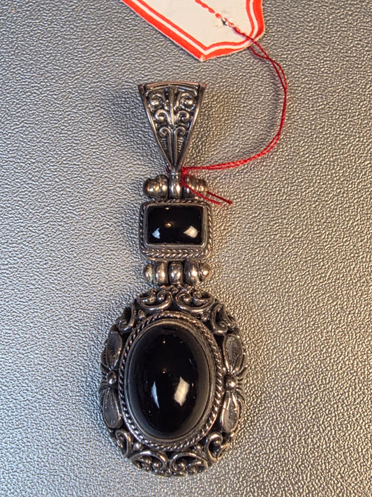 Black Onyx Two Stone Ornate Hinged 925 Sterling Silver Pendant
