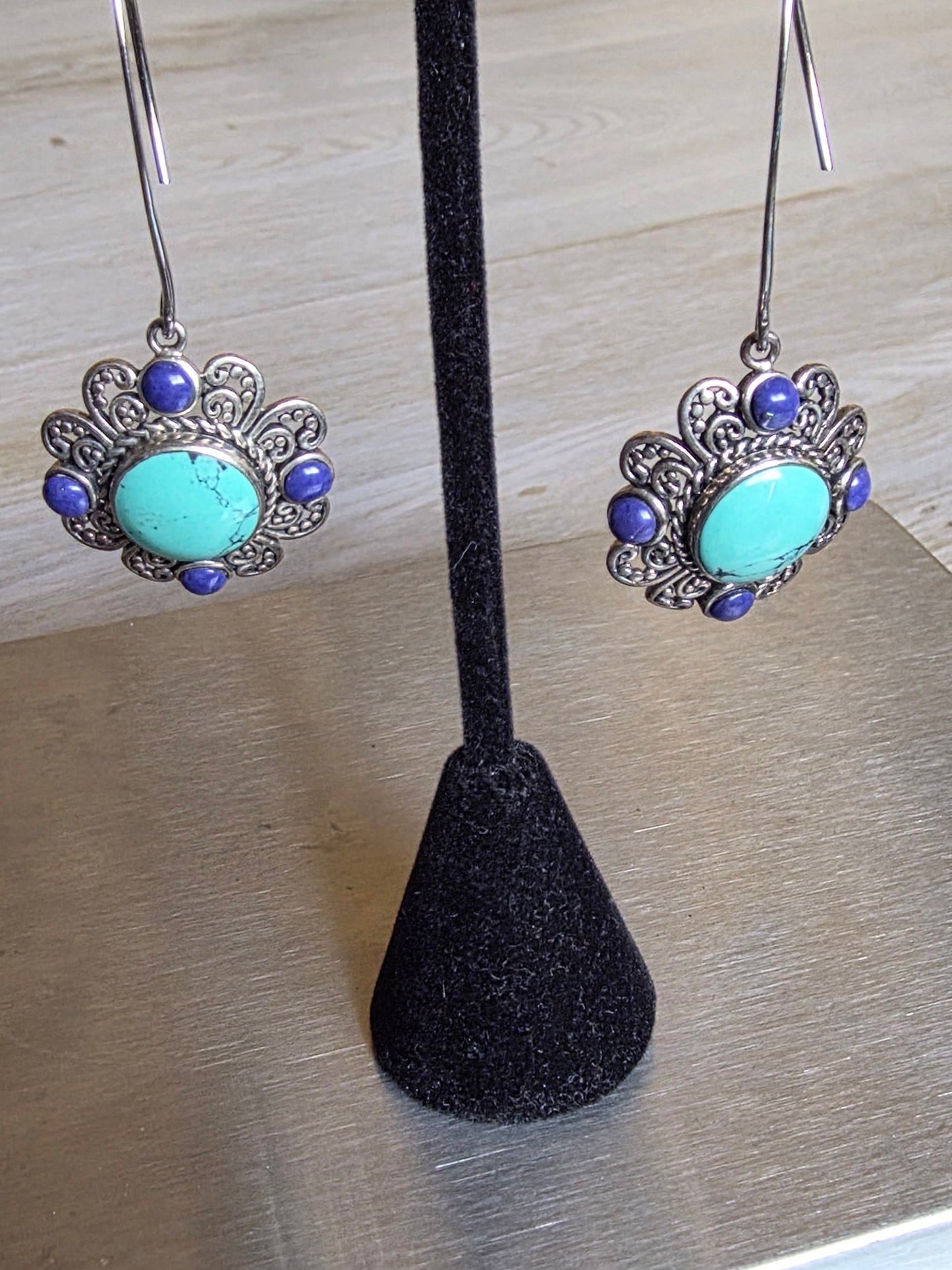 Turquoise Dangle Earrings in Vintage Silver Finish