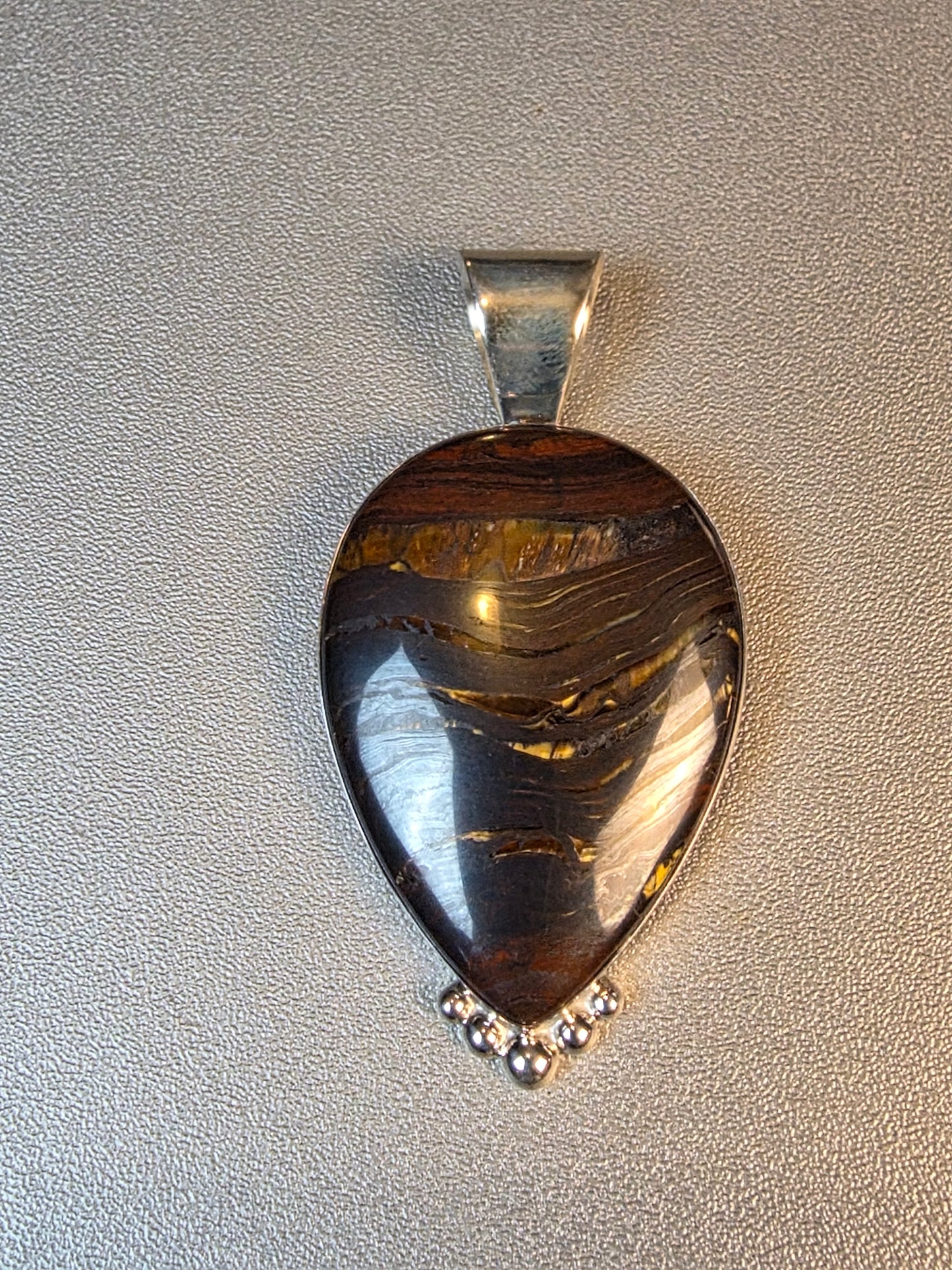 Natural Iron Tiger's Eye Gemstone 925 Sterling Silver Two Tone Pendant