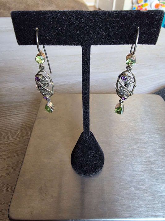 Vintage Sterling Nicky Butler Amethyst Peridot Leaf Long Dangling Earrings