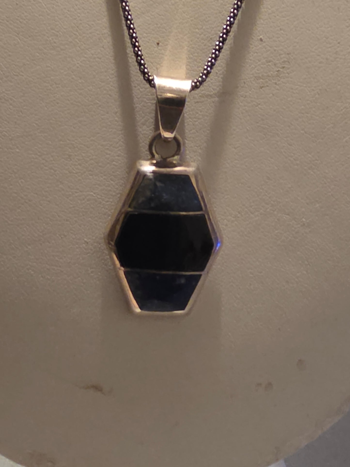 Vintage Sterling Silver with Oval Blue Gray and Black Marbled Hexagon Pendant Fashion Necklace