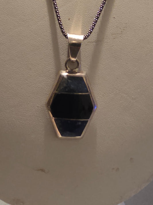 Vintage Sterling Silver with Oval Blue Gray and Black Marbled Hexagon Pendant Fashion Necklace
