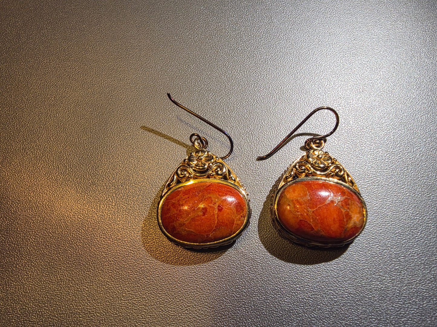 Vintage Red Jasper Stone 925 Gold vermeil over sterling silver filigree drop earrings