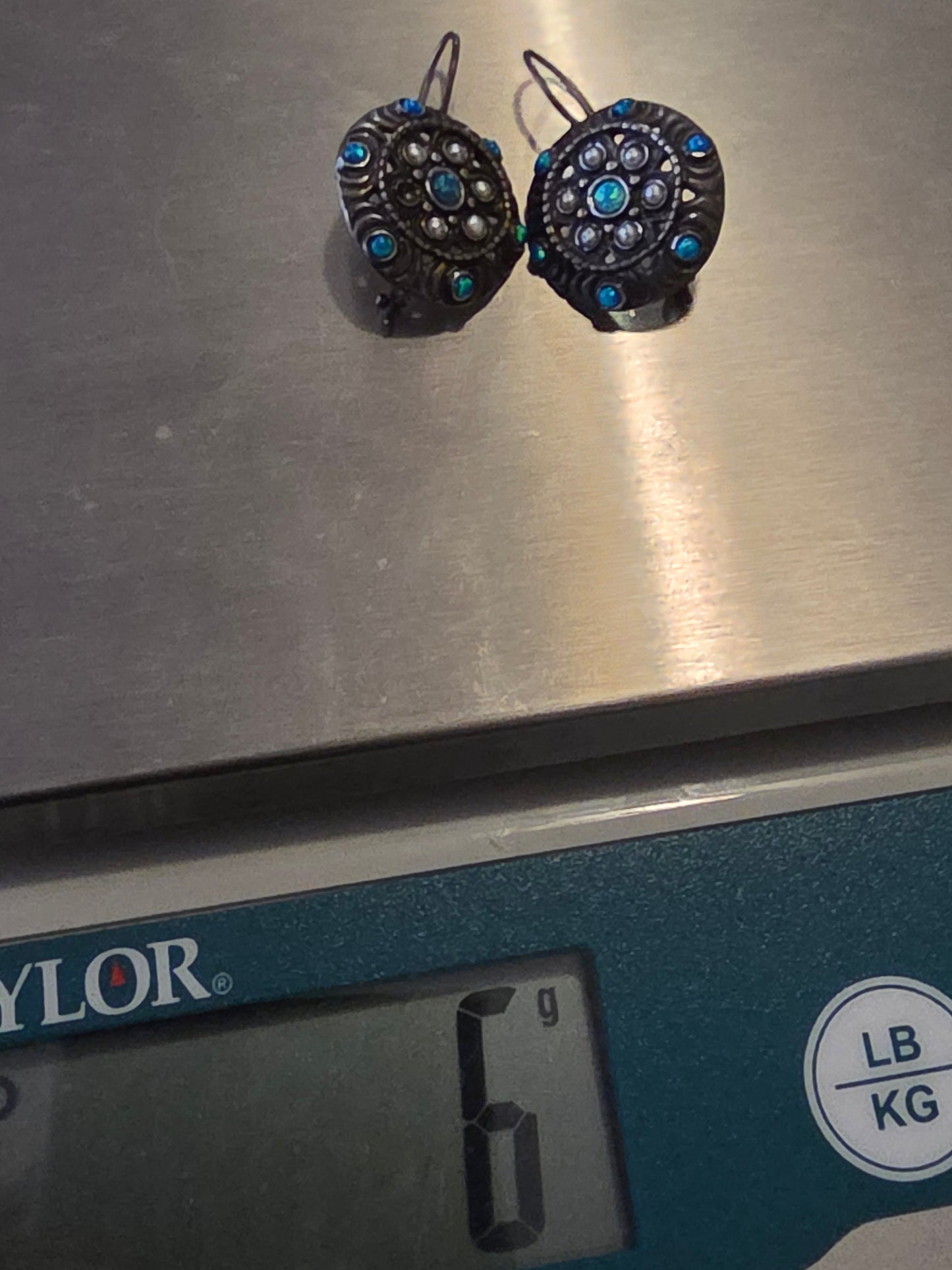 Vintage 925 Sterling Silver Earrings Metallic Blue Aurora Crystal Round Flower Runway