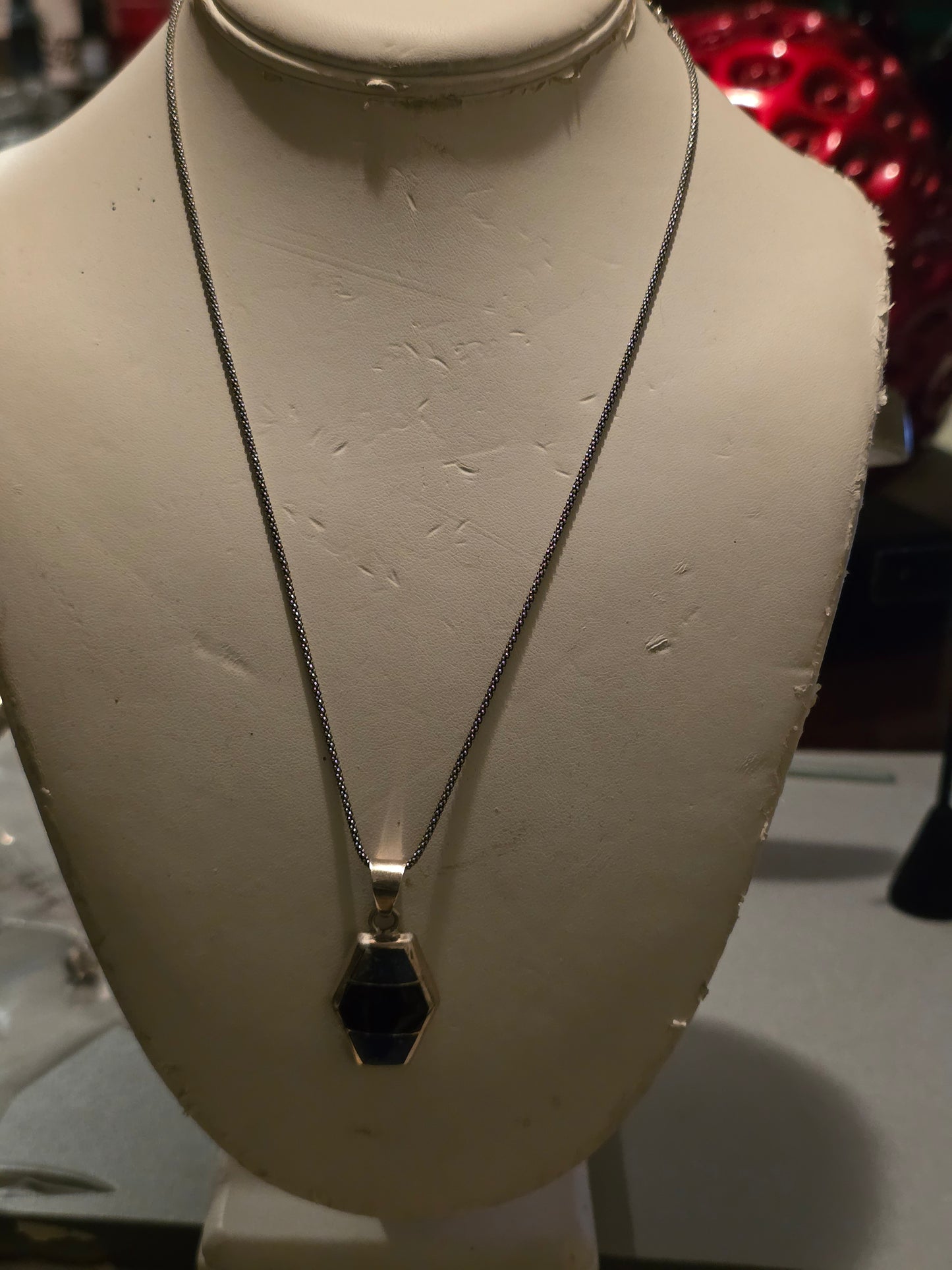Vintage Sterling Silver with Oval Blue Gray and Black Marbled Hexagon Pendant Fashion Necklace