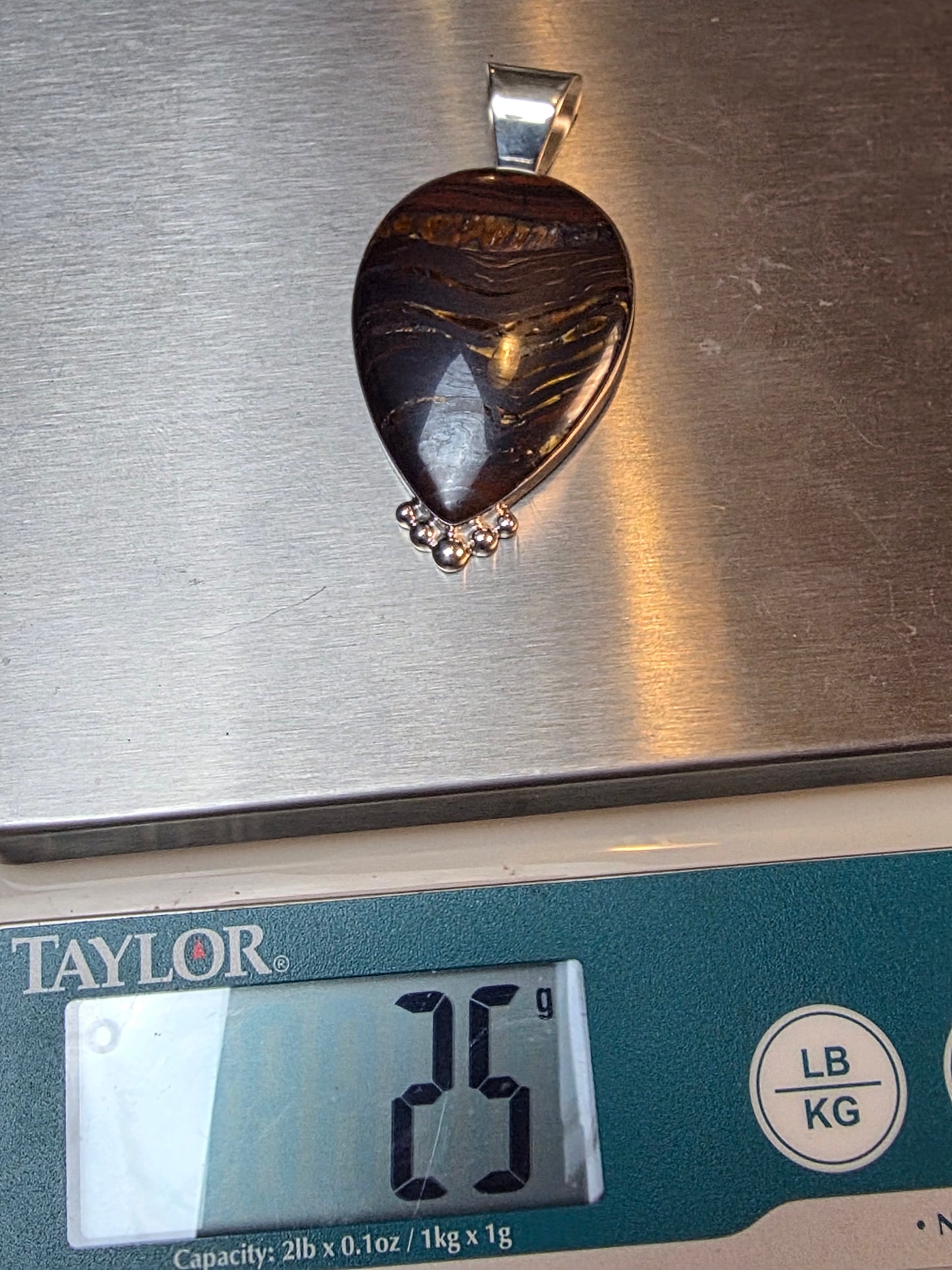 Natural Iron Tiger's Eye Gemstone 925 Sterling Silver Two Tone Pendant