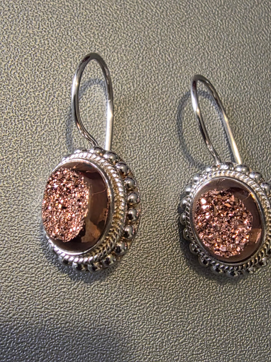 Rose Gold Druzy Earrings in Sterling Silver, Natural Crystals, Copper Colour, Real, Genuine, Sparkly Stones, Simple Drops