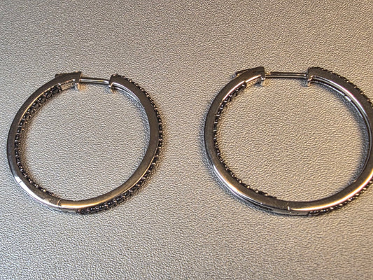 Black Diamond Hoop Earrings Sterling silver Large Hinged Wide Hoop Earrings