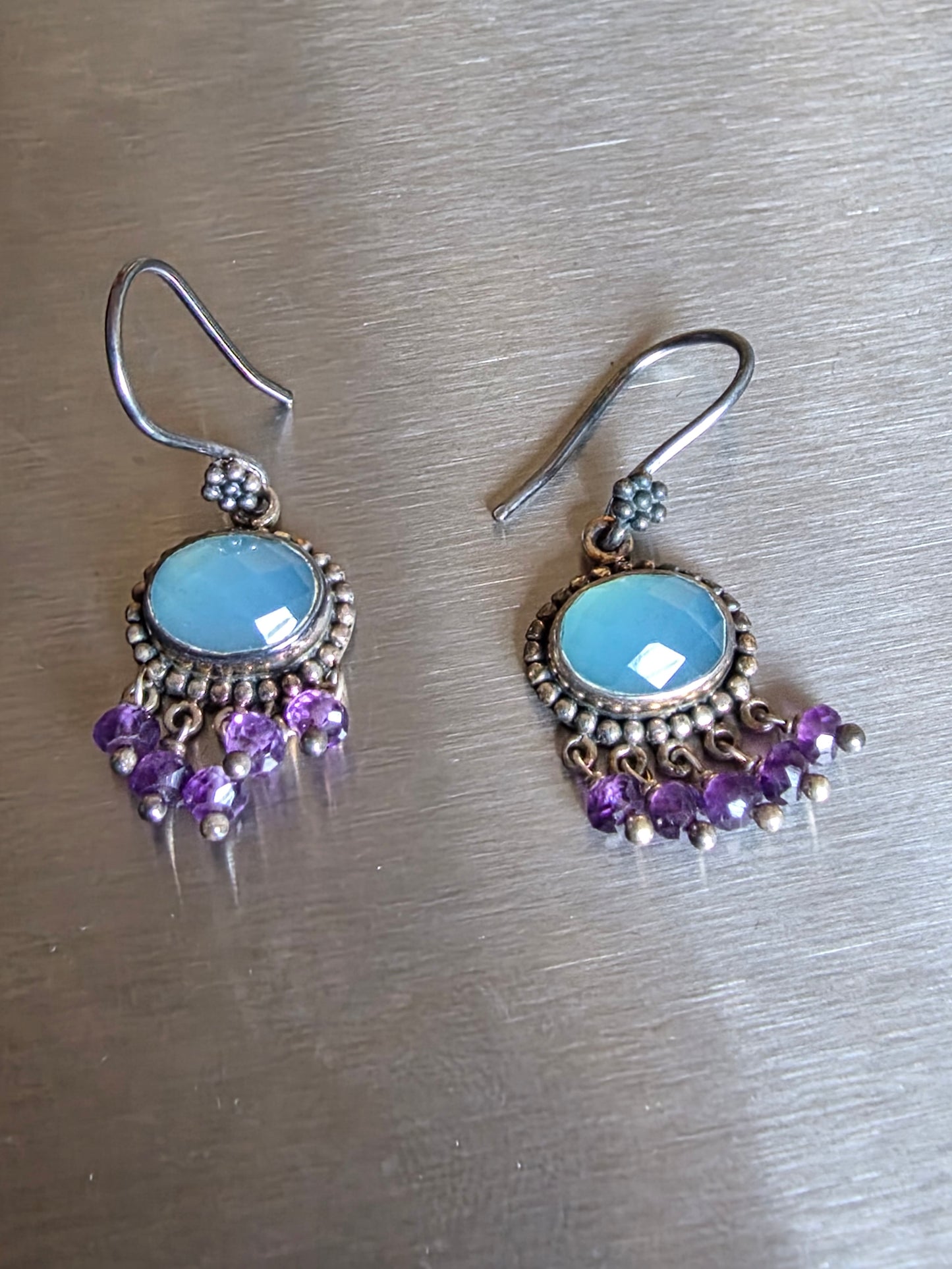 Vintage 925 Sterling Silver Blue Chalcedony Amethyst Earrings, Designer Doug Paulus