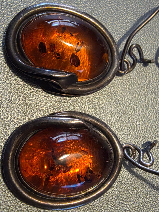 Vintage Natural Baltic Amber 925 Sterling Silver Pierced Earrings