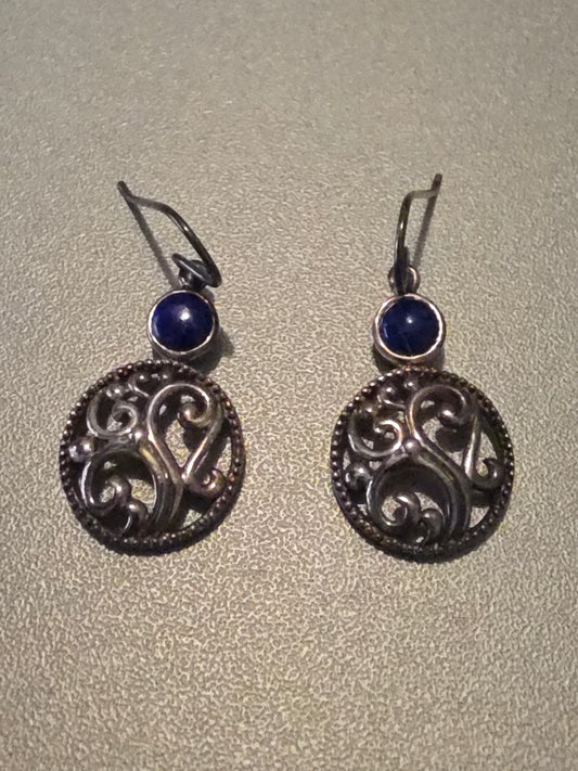 Blue Lapis Accented Circle 925 Sterling Silver Dangle Earrings