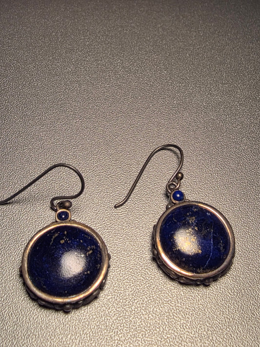 Vintage Round Blue Sunstone Dangle Hook Earrings 925 Sterling Silver