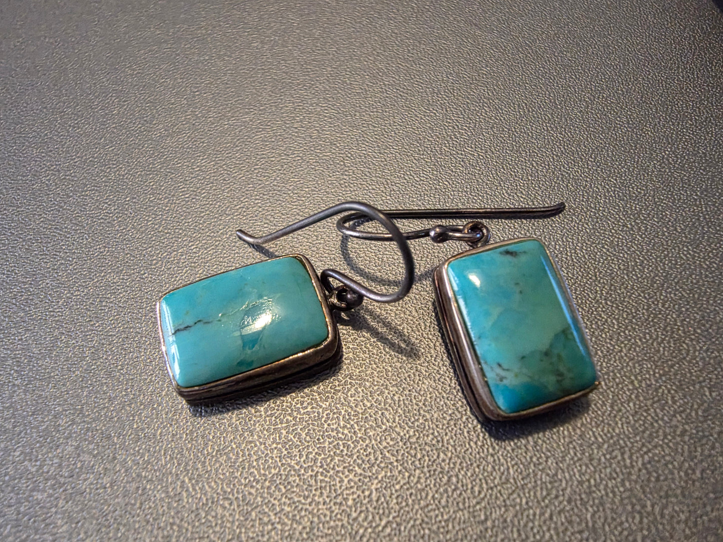 Small vintage Turquoise Rectangle Cabochon 925 Sterling Silver Dangle Earrings