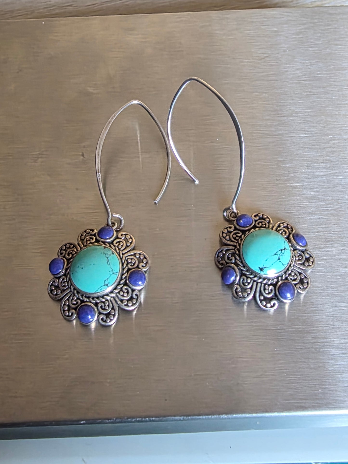 Turquoise Dangle Earrings in Vintage Silver Finish