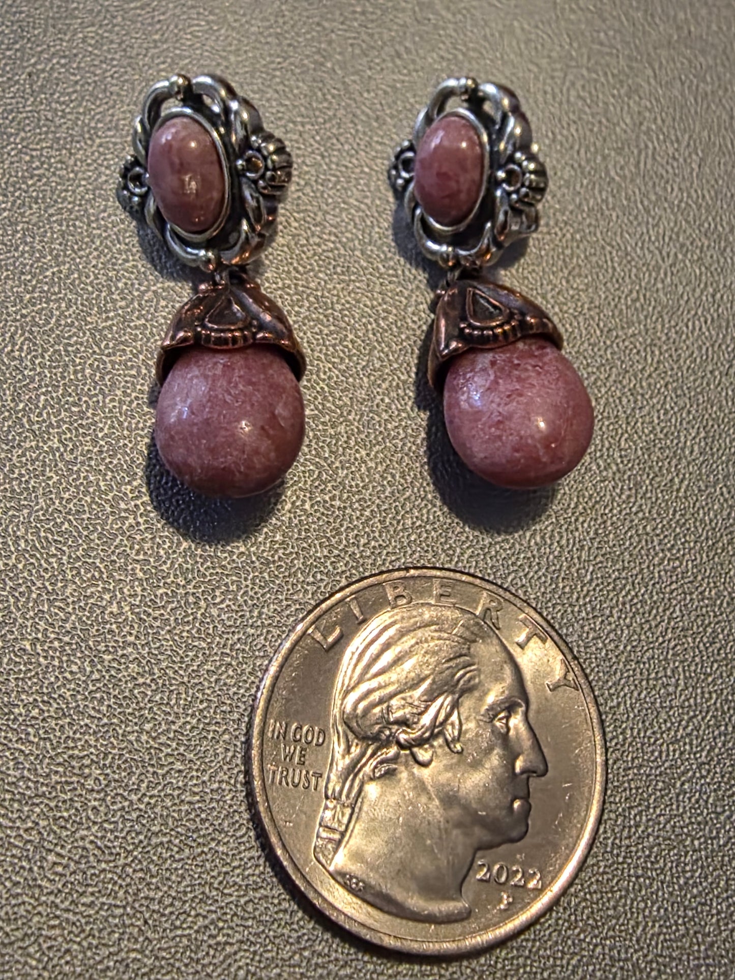 Vintage Carolyn Pollack Relios Oxidized 925 Sterling Silver & Brass Rhodonite Dangle Earrings