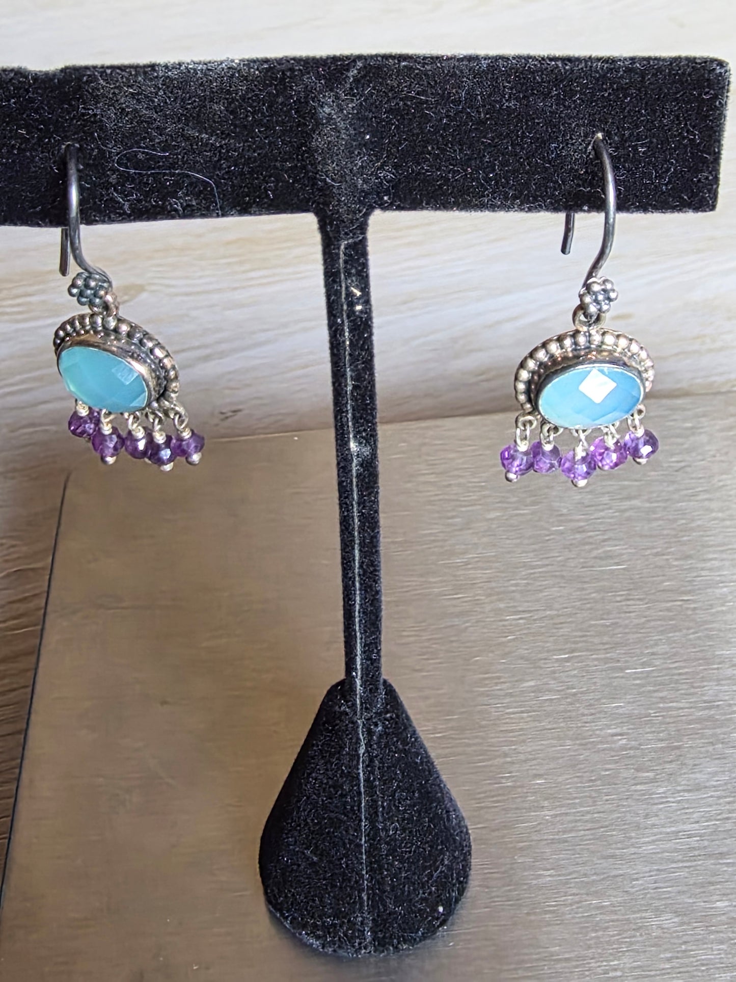 Vintage 925 Sterling Silver Blue Chalcedony Amethyst Earrings, Designer Doug Paulus