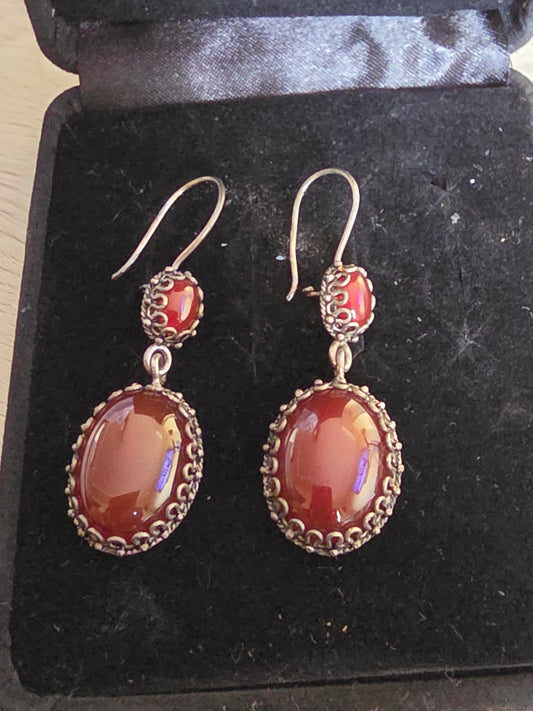 Suarti Bali Signed BA Sterling Silver 925 Carnelian Cabochon Dangle  Earrings