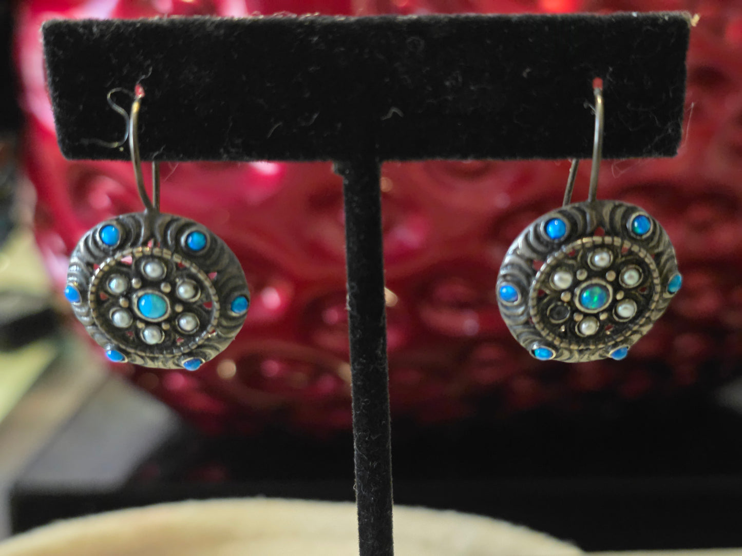 Vintage 925 Sterling Silver Earrings Metallic Blue Aurora Crystal Round Flower Runway