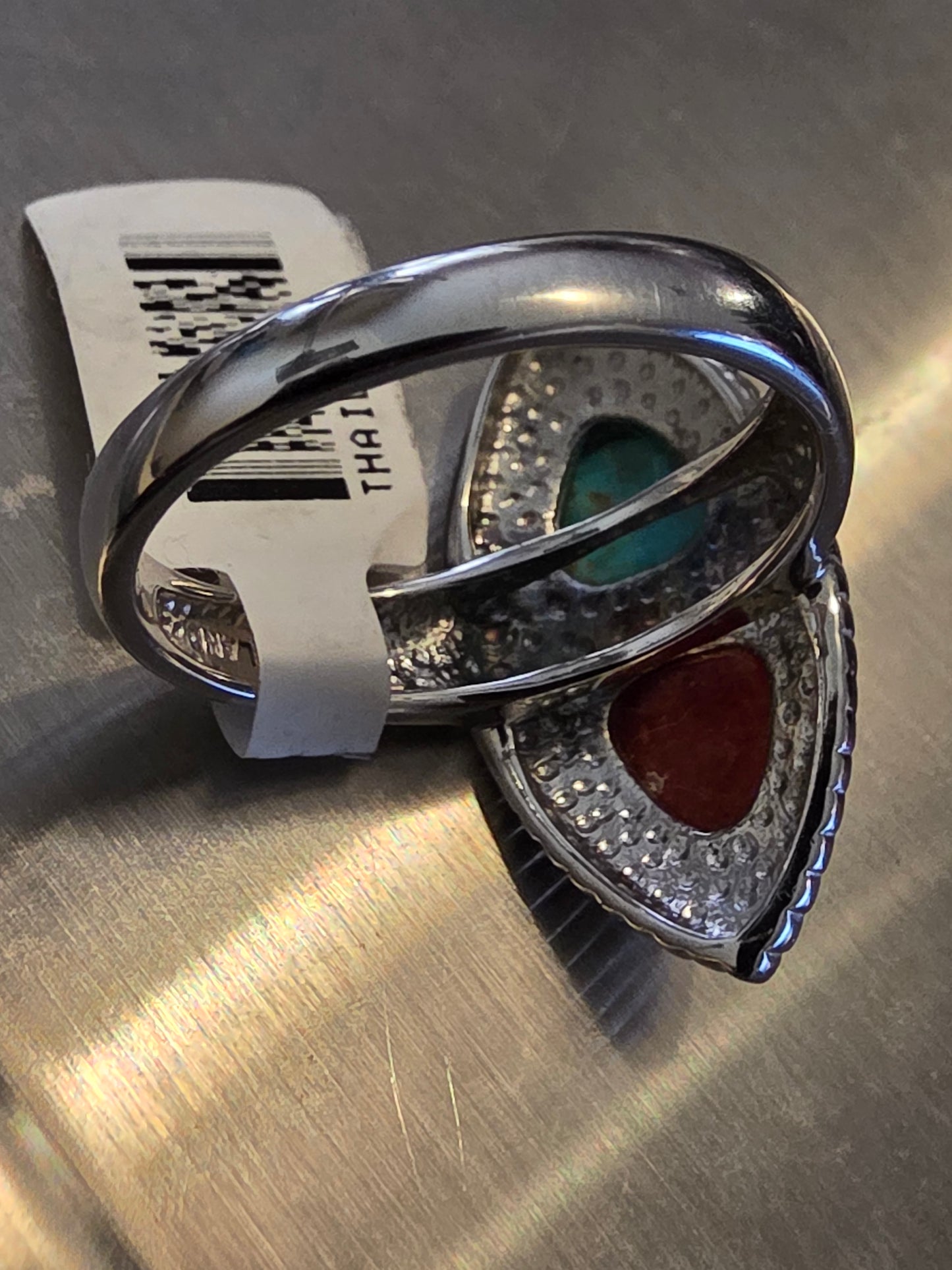 Vintage Sterling Silver Turquoise and Coral Southwest Silverwork Ring Size 12.5