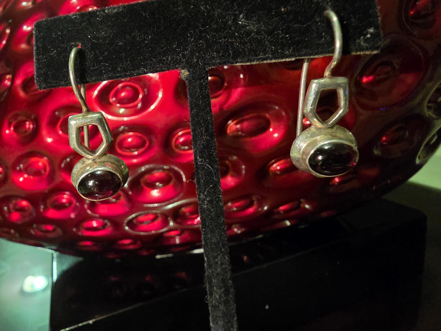 Vintage Lucas Lameth 925 LUC Sterling Silver Dangle Earrings Burgundy Stone