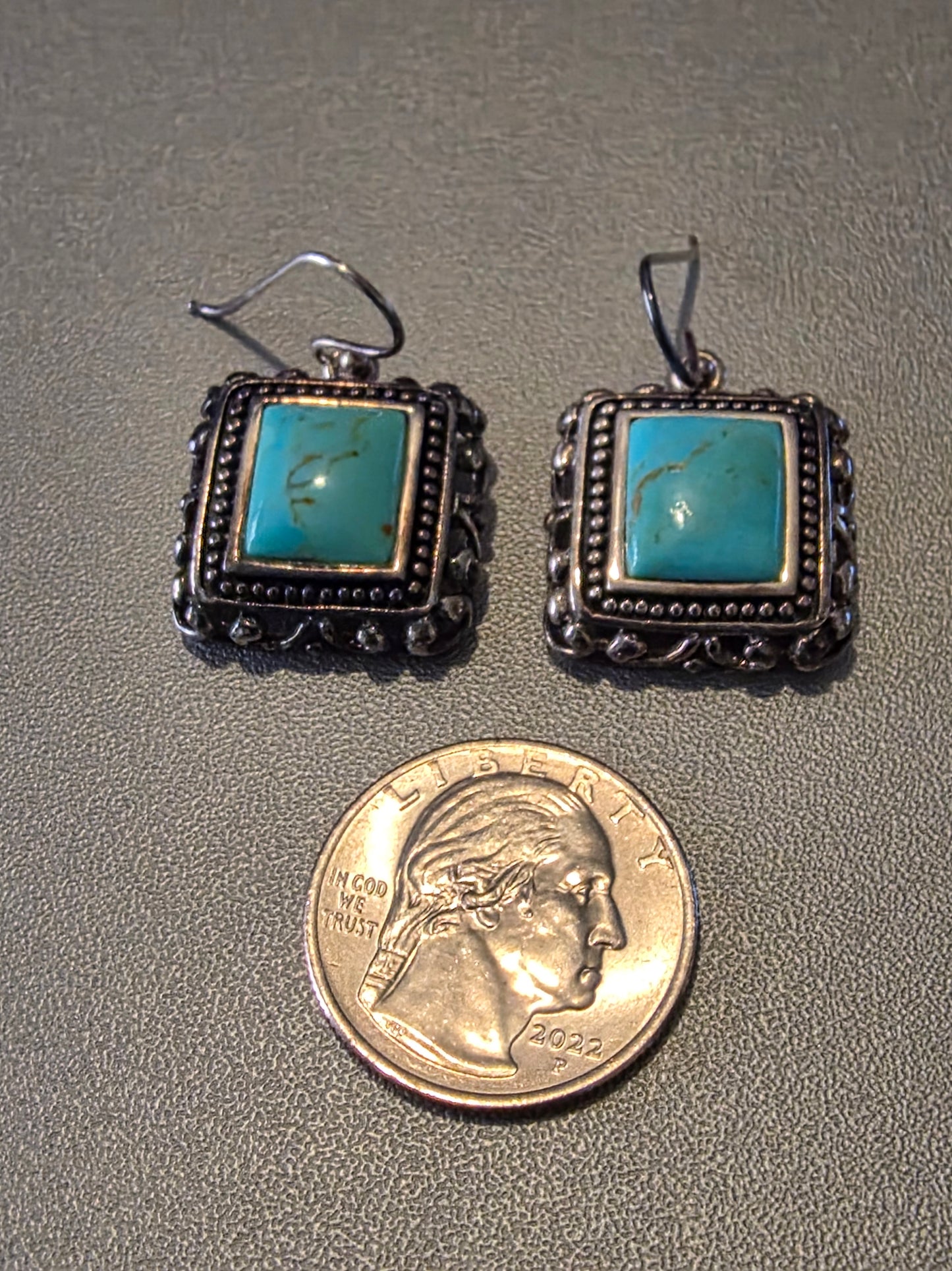 Vintage Turquoise Square 925 Sterling Silver Dangle Earrings with Rope Style Borders